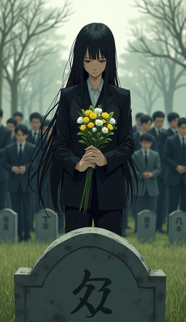 ((A woman with long hair)),Stand in front of the tombstone,Sad expression,Holding yellow and white flowers in hands,Black Hair,funeral,Japanese comic style,Black suit,There are five or six people behind me.