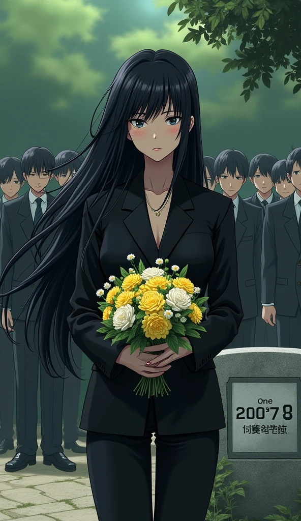 ((A woman with long hair)),Stand in front of the tombstone,Sad expression,Holding yellow and white flowers in hands,Black Hair,funeral,Japanese comic style,Black suit,There are five or six people behind me.