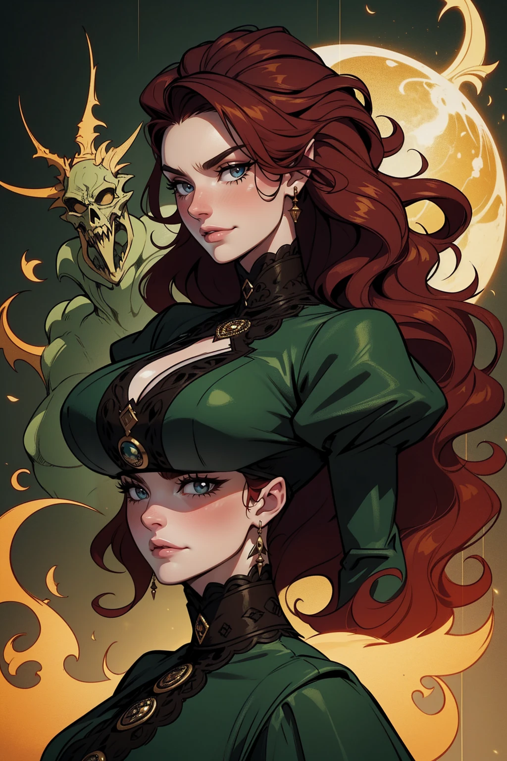 {-erro_de_anatomia:1.0} woman 40 years old, victorian era, queen clothes, (green dress), dark castle, a woman (alicent hightower), meddium dark red hair (dark red hair), (brown eyes) . Indifferent look , merciless. among the dragons, dinamic poses, egoist smile, upper body