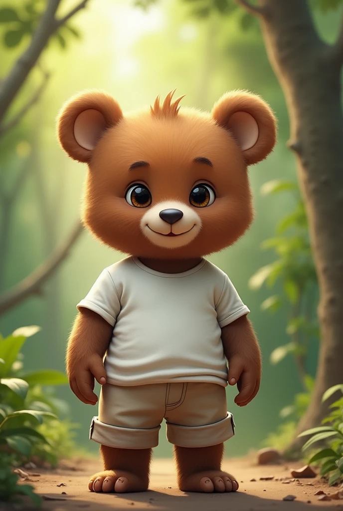 Ek cute bear jungle mein Shan se chalta hai white tshirt and pant