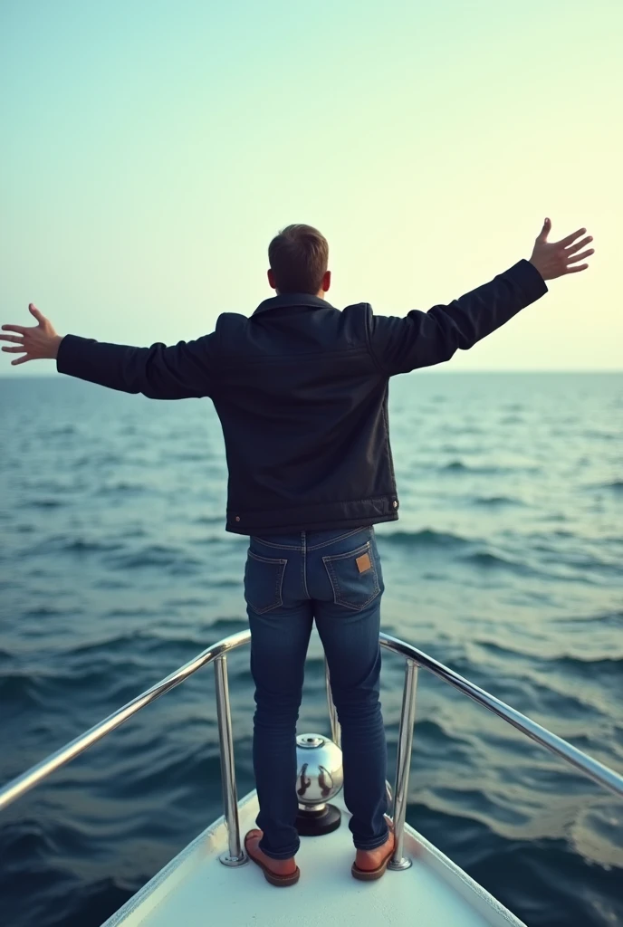 Make a man with open arms on the tip of a yacht in the middle of the sea, Give a kind of sad view