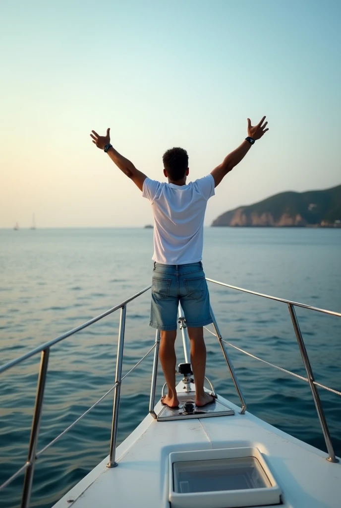 Make a man with open arms on the tip of a yacht in the middle of the sea, Give a kind of sad view 