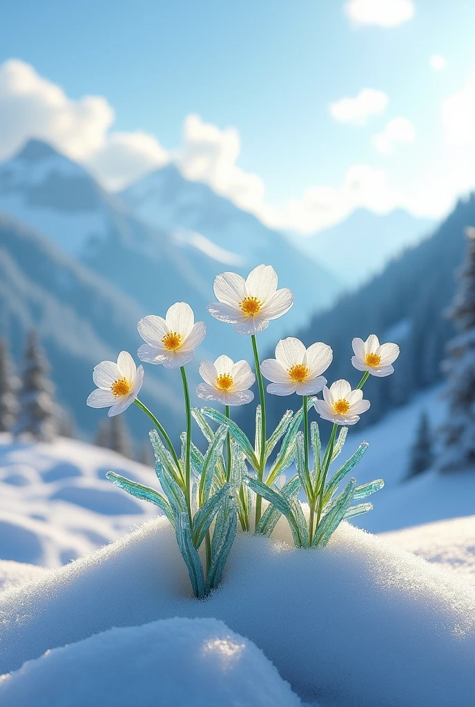 Glass flowers blooming on snowy mountains