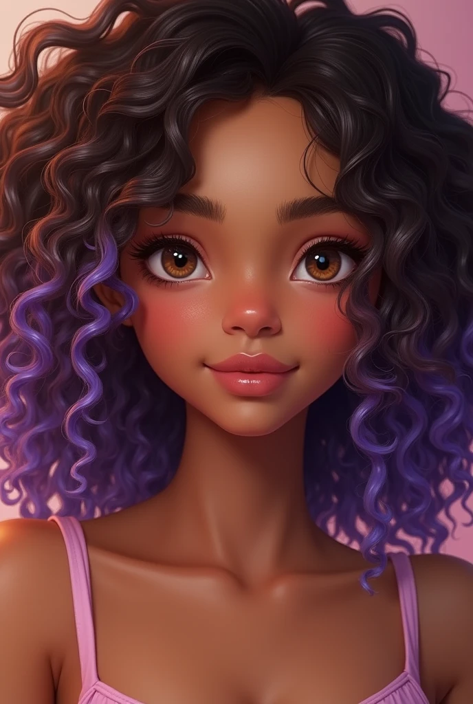 A tanned girl with curly brown hair with purple tips, 