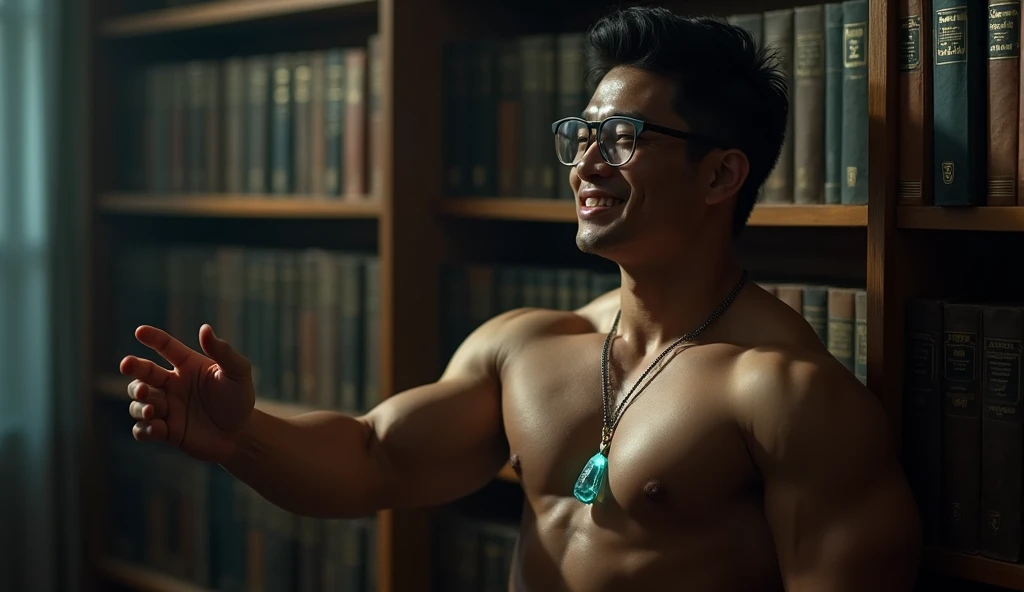 best quality, masterpiece, extremely detailed, masculine, 25 year old muscular bodybuilder filipino man, wearing glasses, round face with chubby cheeks, (muscular bodybuilder), very cheeky smile, fitted clothes, glowing quartz crystal pendant, leaning against bookshelf, reaching out one hand towards camera, in library, afterhours, lights off, at midnight, cinematic shadows, dreamy atmosphere, perfect face, perfect hands, perfection