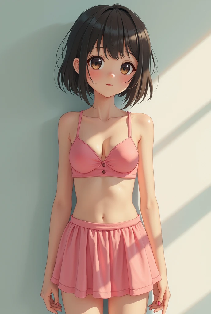 (photorealism:1.2), a japanese girl in a short skirt and wearing a pink bra
