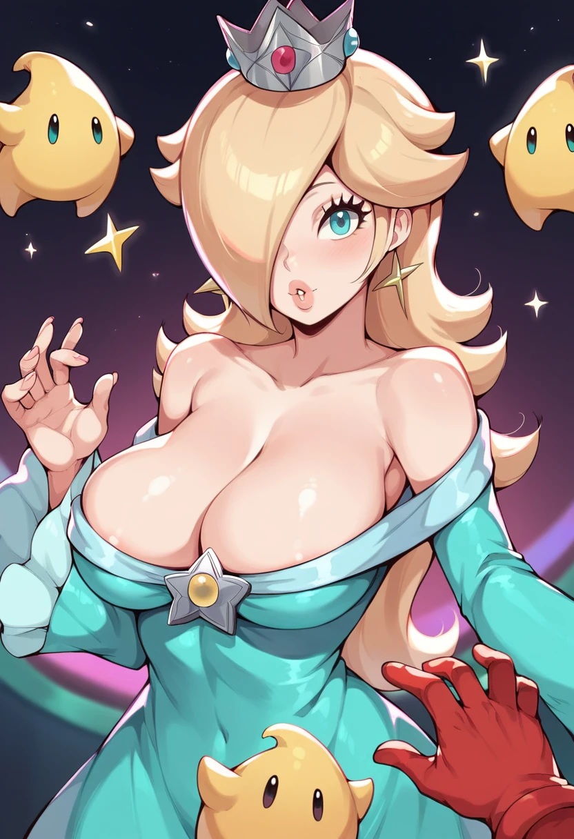 Princess Rosalina as a pornstar, super Mario Bros, Princess Rosalina, pornstar, busty pornstar, (((in a nightclub))), Hot cleavage, (((breasts Focus))), (((viewer showing her breasts))), (((viewer hands)))