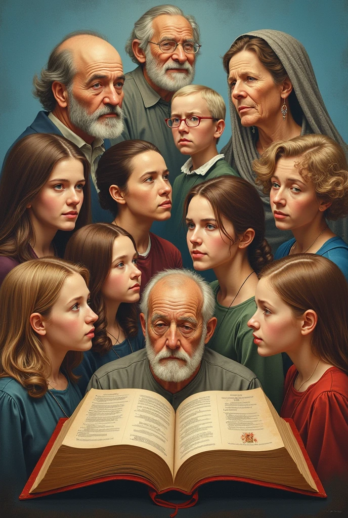 (photorealism:1.2), Personal evangelism collage showing young people, old men and women, women, children and parents, mothers and a holy bible in the middle and it is a long road that the image is animated