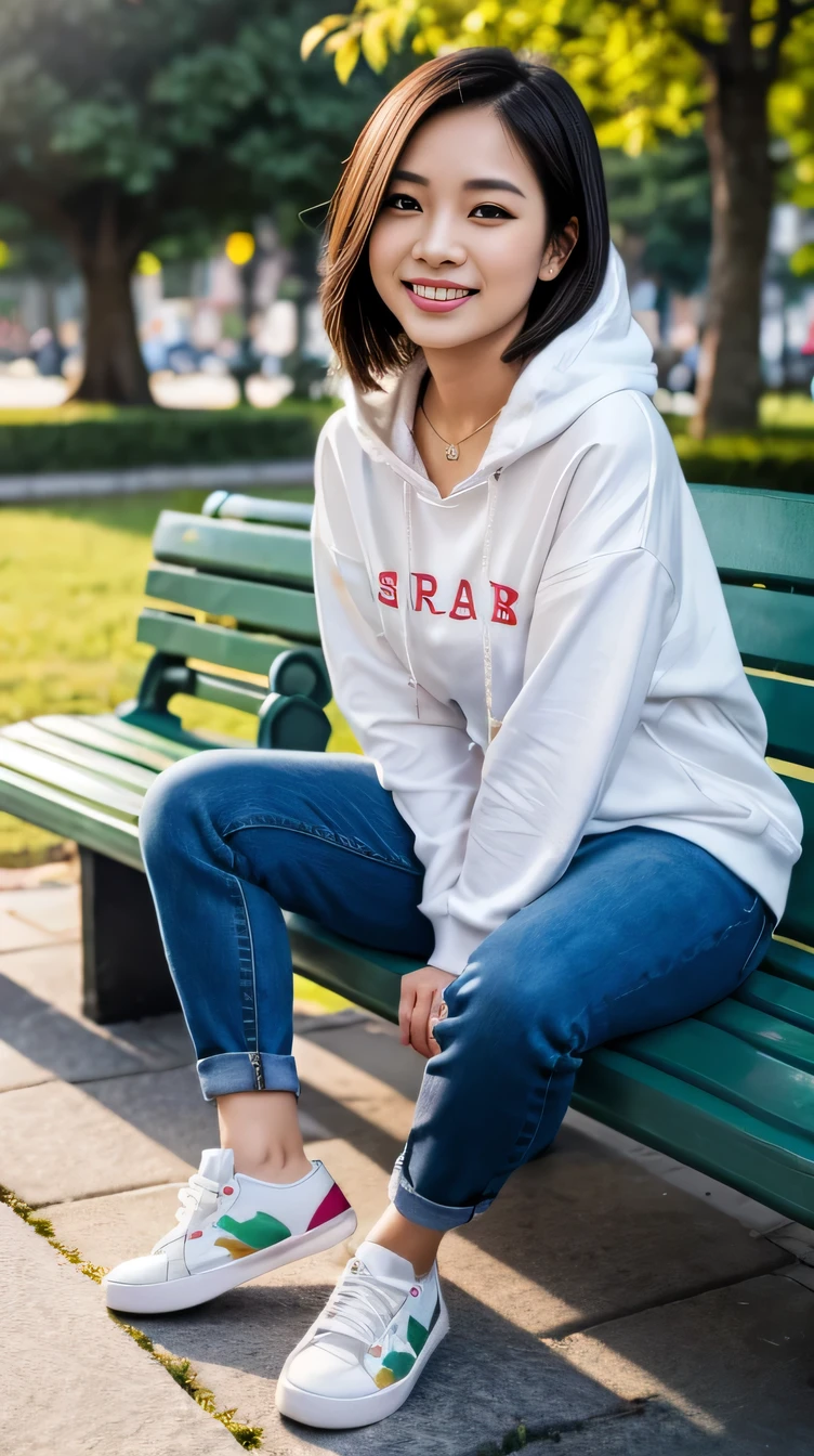 Super Resolution、Beautiful Vietnamese woman、Full body photo、sitting on a park bench、Short Haircut、ear piercing、necklace、hoodie、Skinny jeans、sneakers、、smile、Beautiful teeth alignment
