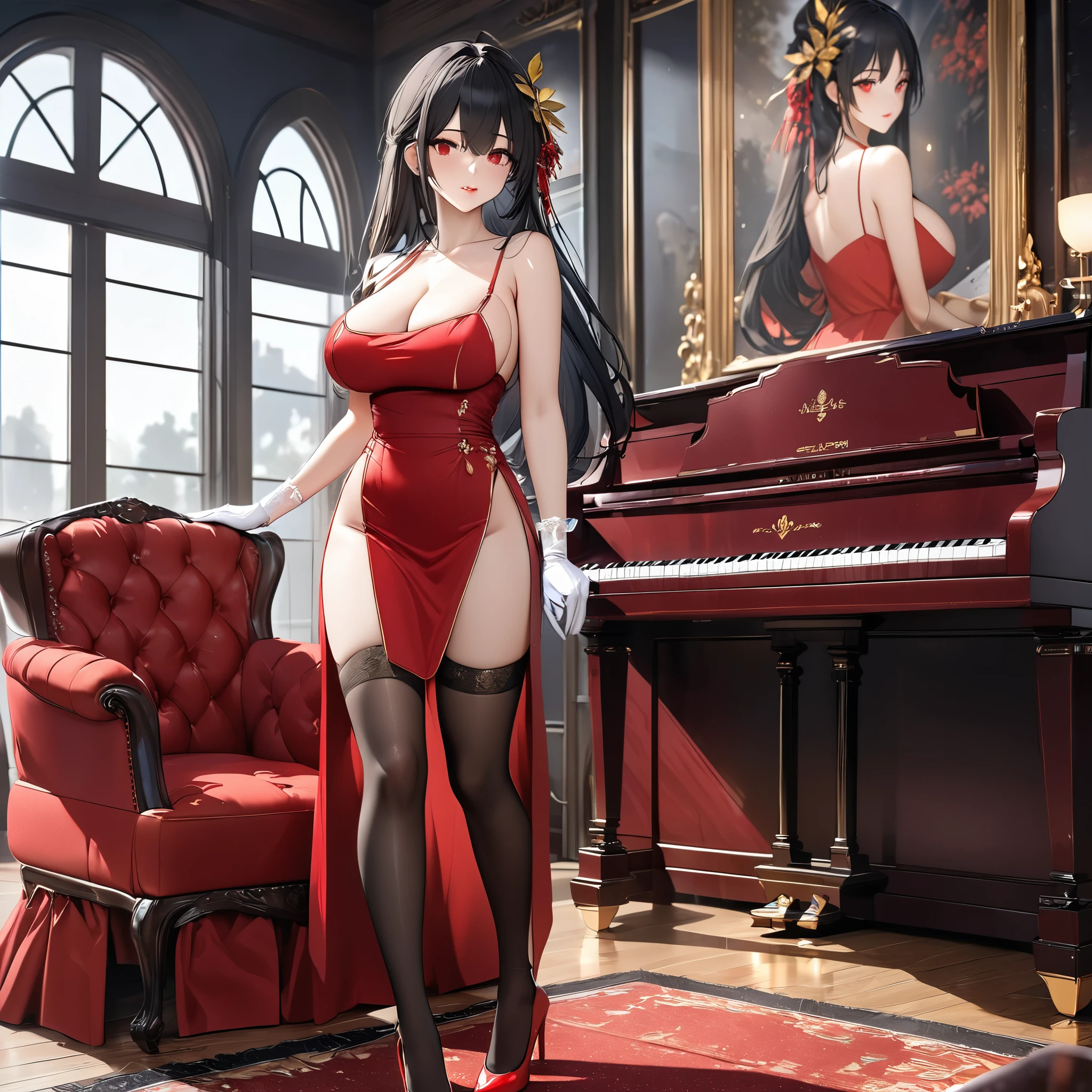 A woman wearing red cami dress, exposed shoulder, golden put on with red ruby, long transparent black stockings, red heels, big breasts, black hair, long hair, golden olive leaf in her hair, standing in a large room, eyes red, red eyes, ruby eyes, perfect face, perfect lips, perfect eyes red luxury chair, piano in the living room, large luxury windows, perfect lighting, luxury wooden floor with carpet, artistic paintings on the wall, (Azur_lane, IJN_Taihou)UHD, masterpiece, accurate, anatomically correct, textured skin, super detail, high quality, best quality, 8k, high resolution, bokeh effect.(solo woman),white gloves, close view.