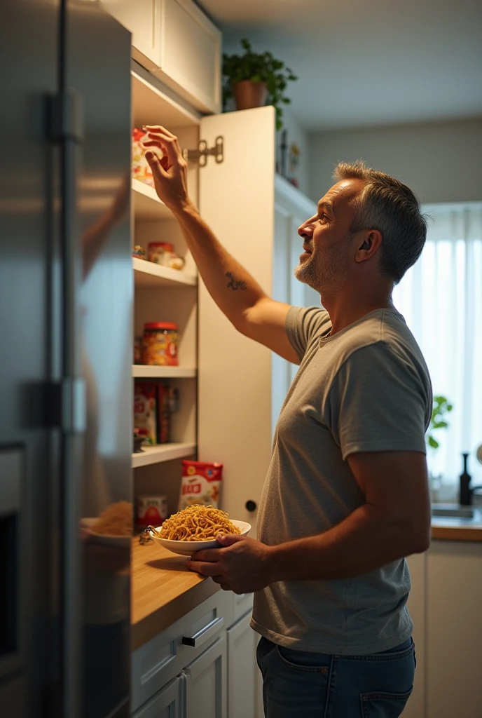 A guy taking a noodle from a cabinet