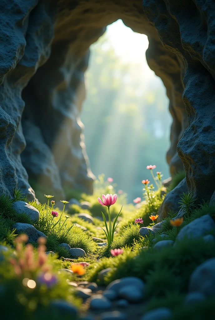 A ray of sunlight shines on the cave, illuminating some wildflowers and grass within it. There is an opening at one end that leads to another world outside. In the middle of the picture there is a small flower depicted in an isometric view with volumetric light and a sense of depth of field and cinematic lighting