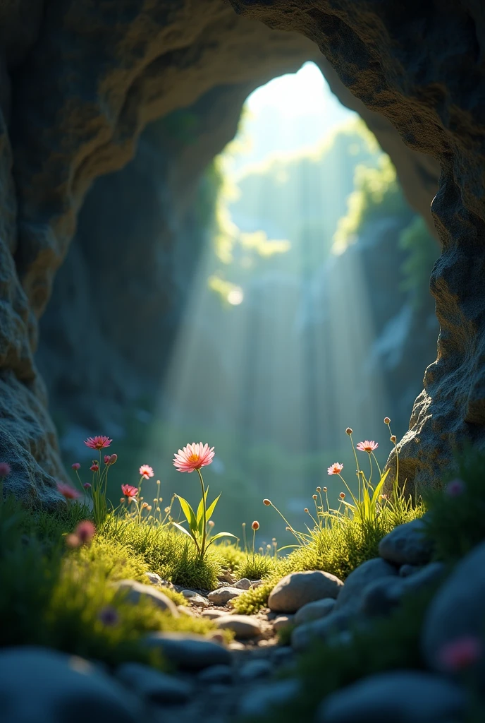 A ray of sunlight shines on the cave, illuminating some wildflowers and grass within it. There is an opening at one end that leads to another world outside. In the middle of the picture there is a small flower depicted in an isometric view with volumetric light and a sense of depth of field and cinematic lighting