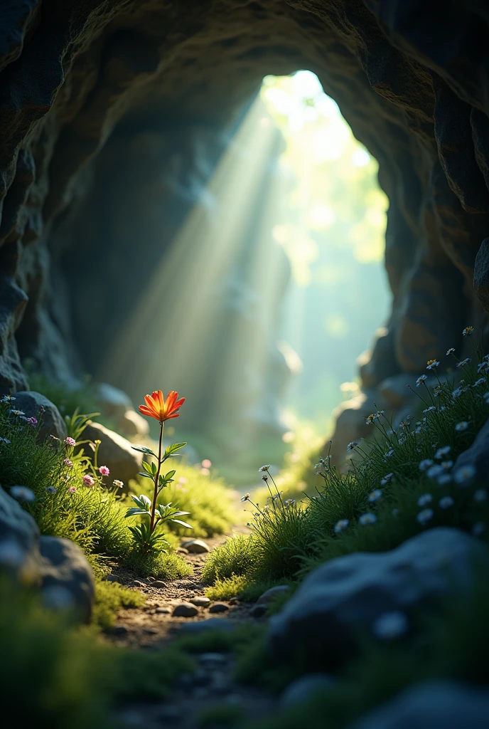 A ray of sunlight shines on the cave, illuminating some wildflowers and grass within it. There is an opening at one end that leads to another world outside. In the middle of the picture there is a small flower depicted in an isometric view with volumetric light and a sense of depth of field and cinematic lighting