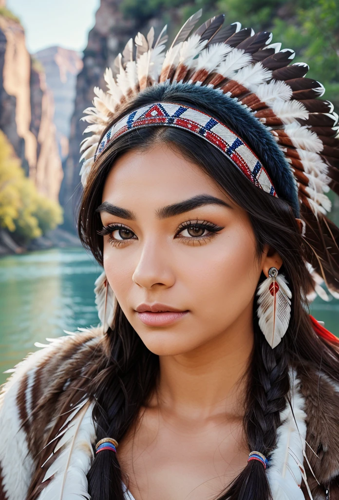 Artwork camera focused on the face of an American Indian woman with very large eyebrows and eyes, Perfect long eyelashes, thick split lips, perfect nose wears on his head a very perfect tuft of feathers, The background is a beautiful, very crystalline river.
