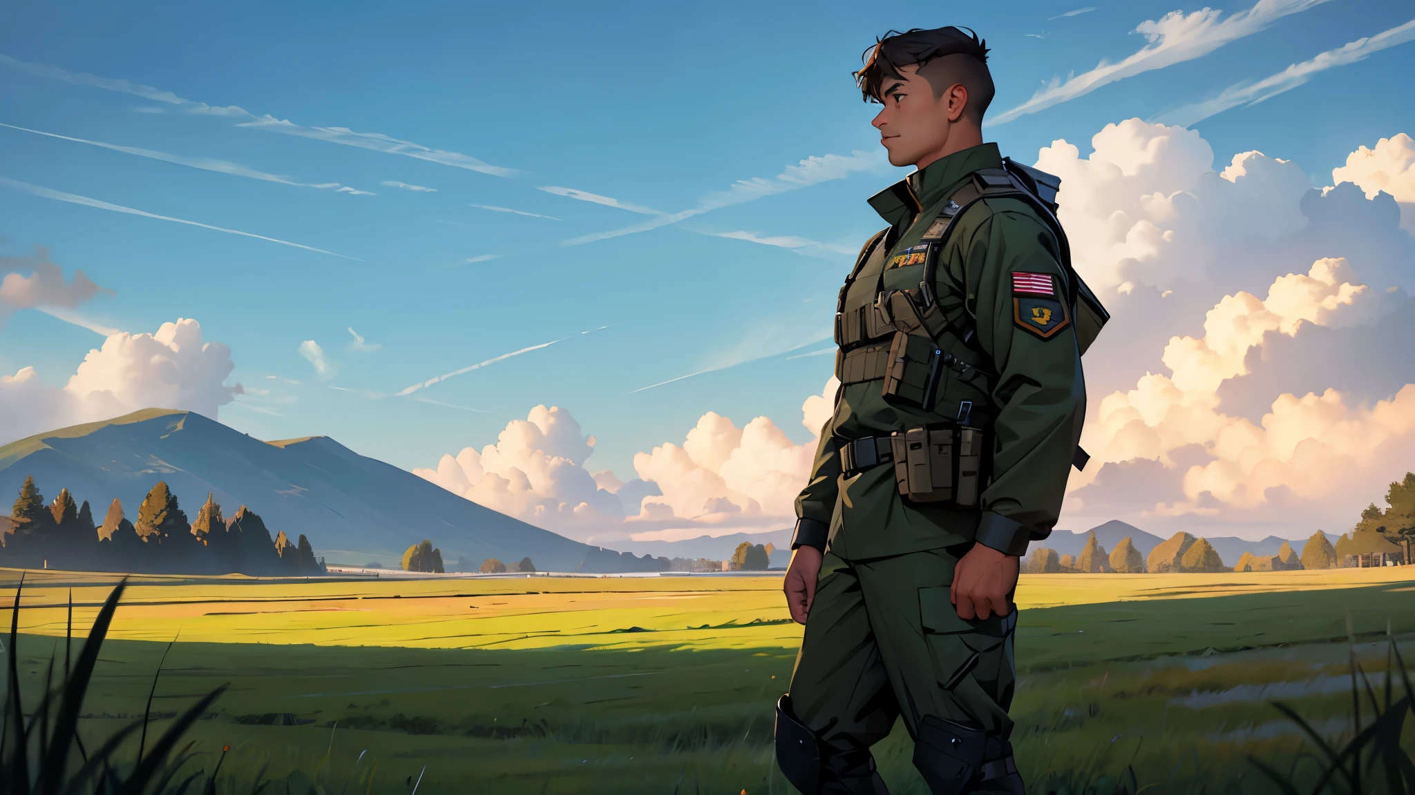 solo man wearing full military gear in a grassy farmland