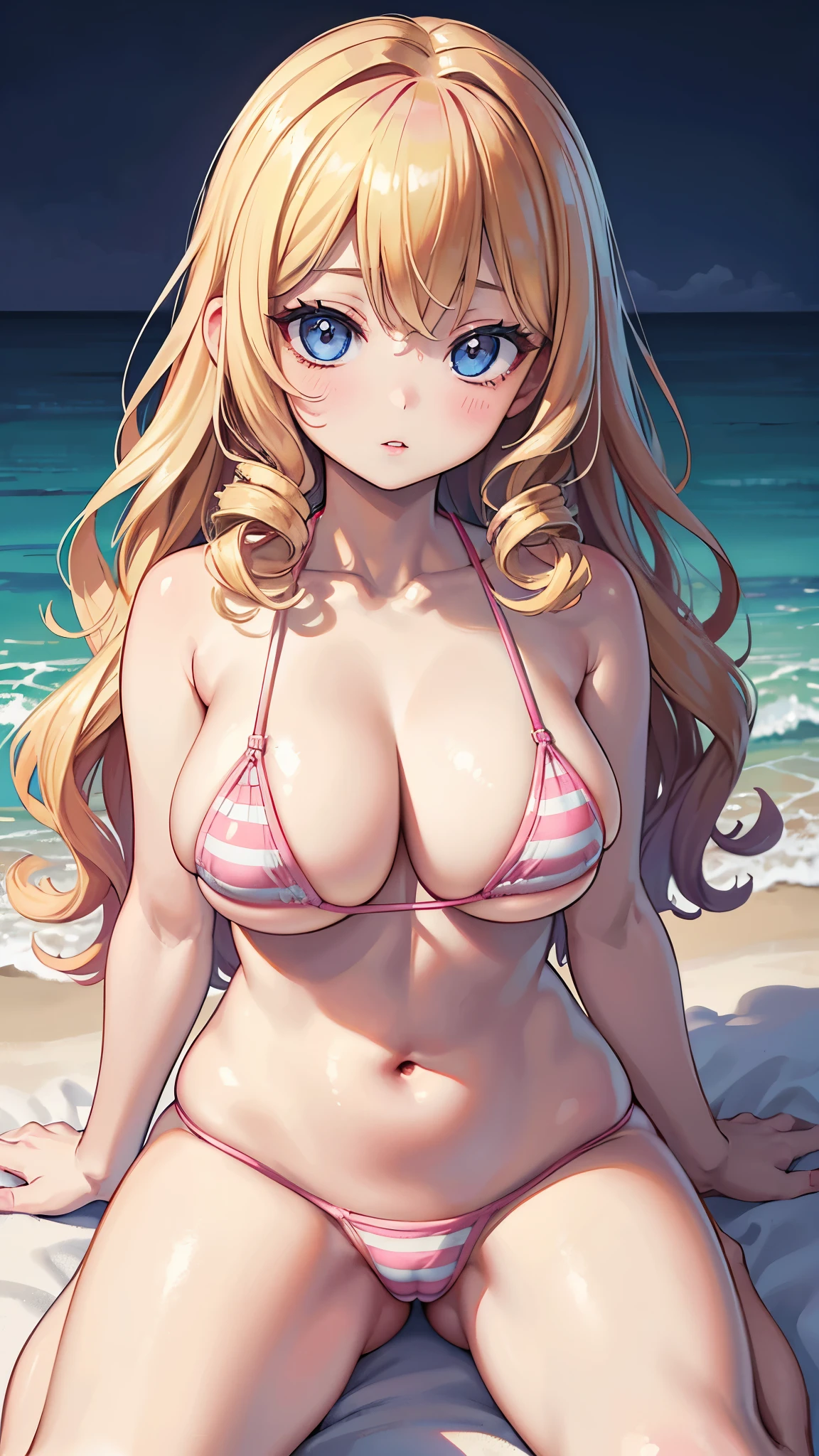 (masterpiece, 最high quality, 超High resolution, Very detailed), (Realistic:1.1, photoRealistic:1.4), Perfect illustration, Perfect lighting,Hair in perfect detail, Perfect and detailed face, Perfect collarbone, Perfect body,Juicy breasts, Perfect Thighs, Beautiful feet, View your viewers, 1 Girl,Perfect Face, (Perfect Anatomy, Anatomically correct), Symmetrical face、((Shiny Hair)),Sexy Body、(masterpiece),(最high quality:1.3),8k,Very clear,(Ultra-realistic),Captivating woman,(high quality, High resolution, Fine details), Realisticなスタイルの女性,Juicy breasts、One perfect woman、Perfect Face、Symmetrical face、、((Large Breasts))、Cleavage、blush、((Juicy lips))、(((Curly long blonde hair)))、((Big double blue eyes、Long eyelashes))、((Red makeup))、(((White and pink striped micro bikini)))、(((Little Gi(((Loli Big Tits)))、(Dazzling Sun、Sandy Beach、Distant horizon)