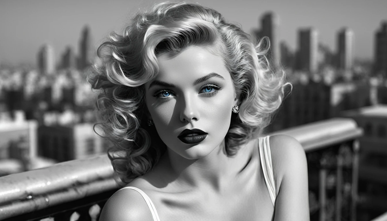 Imagine an eternal goddess，With messy wavy hair and charming blue eyes，She fascinates everyone who sees her.. Her lips, Painted in eternal red, Against the backdrop of a monochrome cityscape，She exudes elegance and sophistication, Evoke the glamour of Old Hollywood icons like Marilyn Monroe.