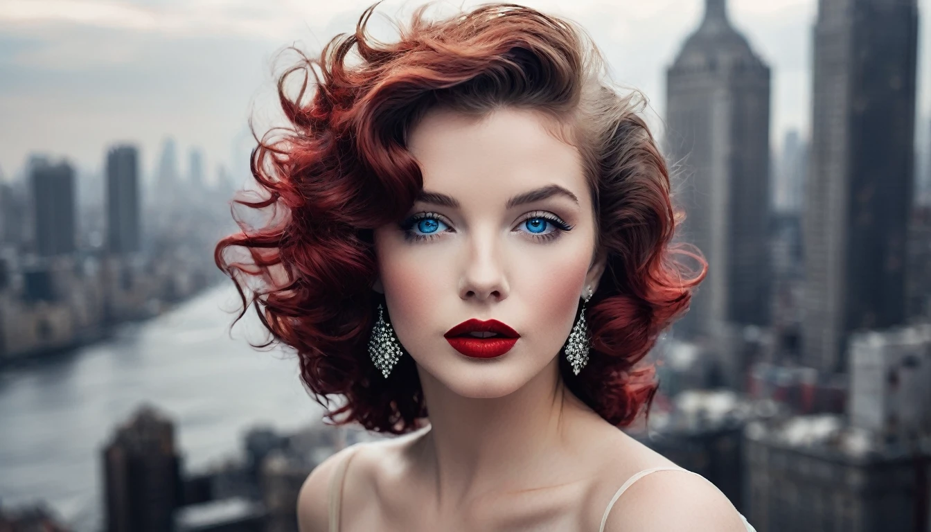 Imagine an eternal goddess，With messy wavy hair and charming blue eyes，She fascinates everyone who sees her.. Her lips, Painted in eternal red, Against the backdrop of a monochrome cityscape，She exudes elegance and sophistication, Evoke the glamour of Old Hollywood icons like Marilyn Monroe.