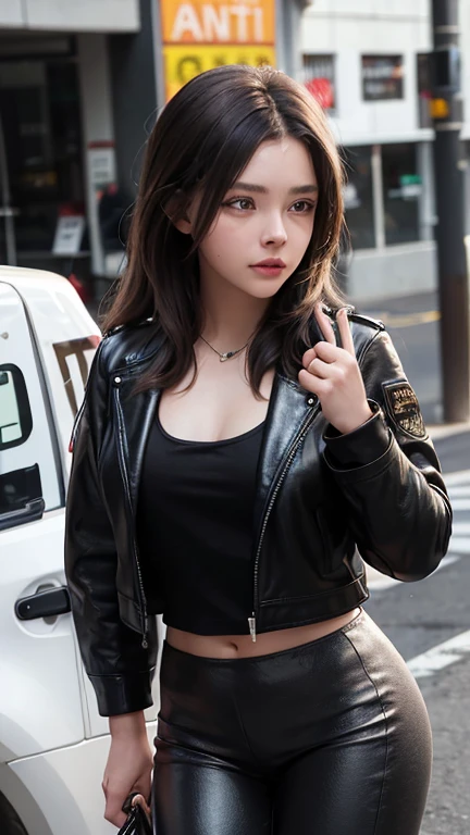 best quality, high quality, ultra quality, 8k, masterpiece, detailed, extremely detailed, insanely detailed, ultra detailed, ultra highres ,exquisite,
lifelike Images,cinematic experience,UHD picture,Realistic,photorealistic,hyperrealistic,vivid,RAW photo,shot by DSLR, One girl, (black leather jacket:1.3), white tank top, black leather pants, cyberpunk city