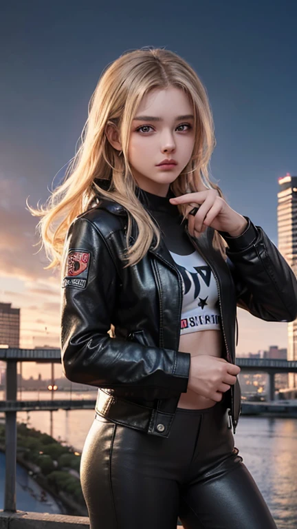 best quality, high quality, ultra quality, 8k, masterpiece, detailed, extremely detailed, insanely detailed, ultra detailed, ultra highres ,exquisite,
lifelike Images,cinematic experience,UHD picture,Realistic,photorealistic,hyperrealistic,vivid,RAW photo,shot by DSLR, One girl, (black leather jacket:1.3), white tank top, black leather pants, cyberpunk city