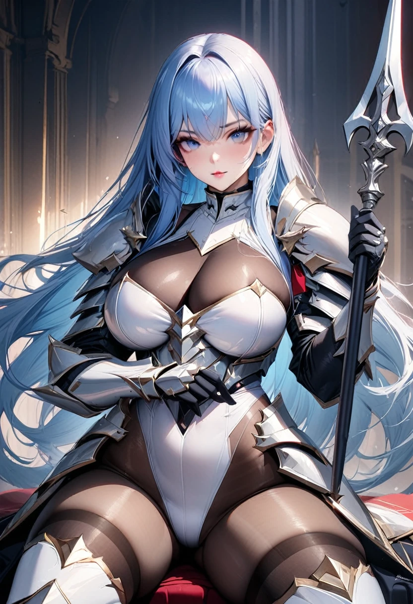 ((highest quality)), ((masterpiece)), ((hyperrealistic)), (solo), 1girl, ((curvy)), ((skindantation: 1.2)), perfect face, ((Azur Lane)), ((armored dress: 1.2)), ((paladin armor)), ((skin-tight high neck white leotard: 1.4)), ((white knight armor breastplate)), ((skin-tight black Investigator Bodystocking)), ((large pauldron)), (long gauntlet gloves), ((light blue hair straight long hair)), ((large breasts that look like they might burst)), (pantyhose thighs), (white knee-high boots), ((see through cleavage cutout)), zettai ryouiki, beautiful blue eyes, Perfect hands, perfect fingers, luxurious goldsmith spear, holding a spear, prepare a spear, makeup, sitting thighhighs, spread legs