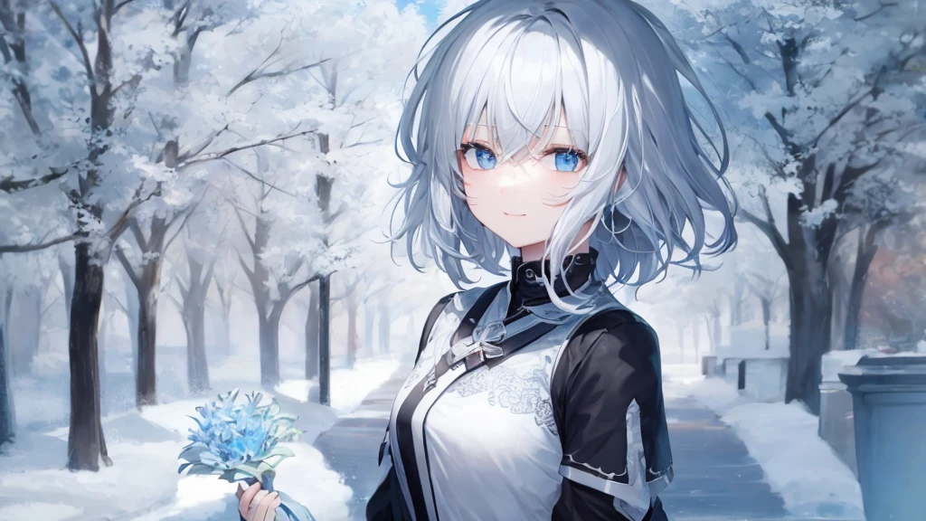 Ultra HD,Look at the viewers, Place your hands behind your back, With a girl, 20-year-old, 非常にshort hair, Long bangs between the eyes, Pale blue eyes, Very detailed,(masterpiece、Highest quality),Gray Hair、Laughter、wonderful, Silver Hair, iris, short hair、 Fluttering Hair、Small face、明るいsmile、(Detailed face) ,Professional Lighting,wonderful風景,blue sky, sunlight,Looking down from above,Portraiture、Open your mouth、Flower Field、Her eyes were shining、Mysterious and enchanting atmosphere。With AI Painting、とてもshort hair, Long bangs between the eyes, Very detailed,(masterpiece、Highest quality)、alone、Gray Hair、Fantasy, Silver Hair, Fantasyな風景、smile、Open your mouth、short hair、short hair、hairpin、black eye、Grey Eyes、Beautiful Eyes、Black Shirt、White hoodie