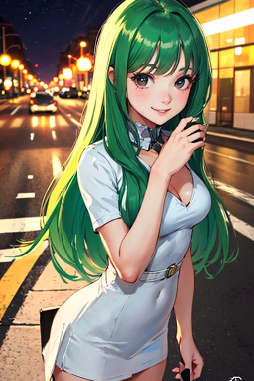 ((masterpiece)), (((best quality))), chromatic lighting,
colorized, green + white limited color palette,
detailed concept drawing,
Street Fashion, Along a highway , night,
portrait, 20yo 1girl, medium soft breasts, slender, long green hair, black eyes, smiling
