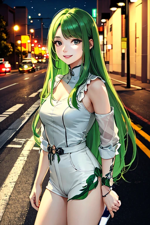 ((masterpiece)), (((best quality))), chromatic lighting,
colorized, green + white limited color palette, 
detailed concept drawing,
Street Fashion, Along a highway , night,
portrait, 20yo 1girl, medium soft breasts, slender, long green hair, black eyes, smiling