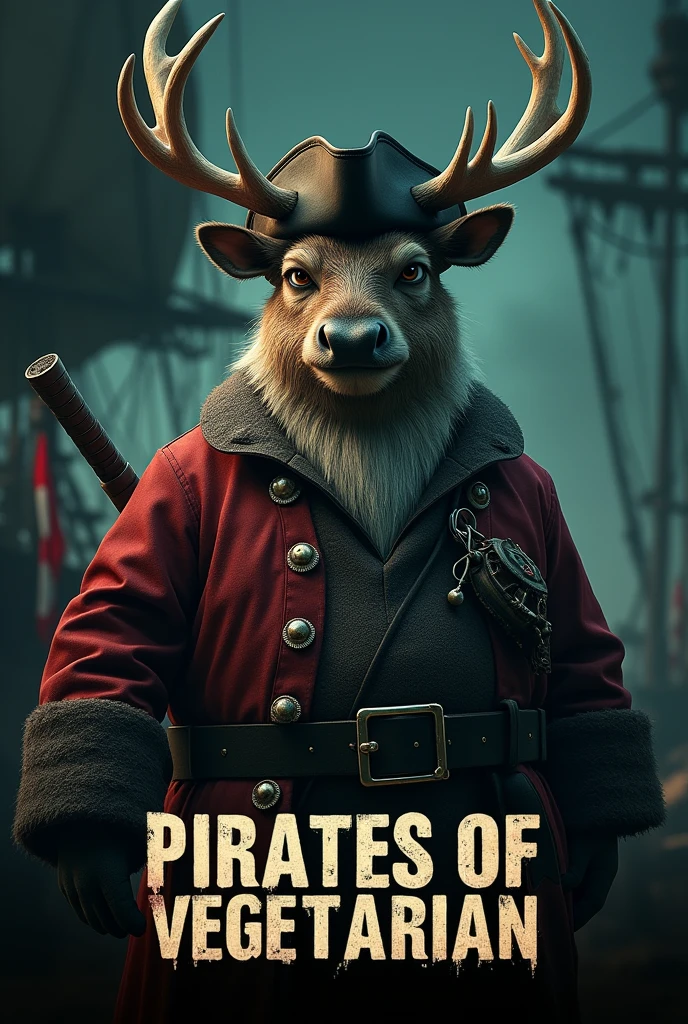 Create a cinematic poster featuring photorealistic portrait of Dressed animals - a ((fat)) reindeer pirate, , wearing pirate costume and pirate hat , with a serious, intense expression, He should be slightly off-center in the composition, The background should be dark and gritty, pirate's ship with smoky or grunge textures, Use a color scheme of black, deep blues, and dark greens, with subtle silver or gold accents to capture the show's mood, At the bottom of the poster, place the text "PIRATES OF VEGETARIAN" in large, bold, distressed letters, in a sans-serif font. The text should have a cinematic style, with slight shadow or glow effects to make it stand out against the background.