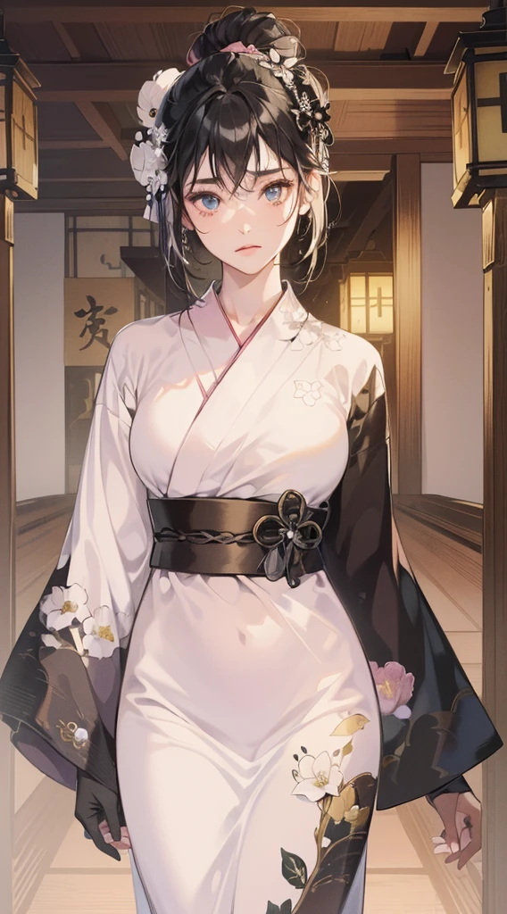 (perfect anatomy:1.2)(absurdres, highres, ultra detailed),masterpiece,best quality,high resolution,8k,Realistic face,Realistic skin texture,magnified textures, stunning clarity,(ultra detailed eyes and face),(1 girl:1.5),15 years old,black hair,messy bun,pale skin, mysterious eyes,(White flower-patterned yukata:1.2)(thin fabrik),(light pink obi:1.2),thin body type,big breasts,small ass,(expressionless:1.2),Steampunk in the meiji Period、night、luxuary room of Japanese Ryokan、tatami,hieroglyph,Ancient Egyptian statues,look at viewer,(from front:1.3),Delicate atmosphere、Sitting upright in a tatami chair