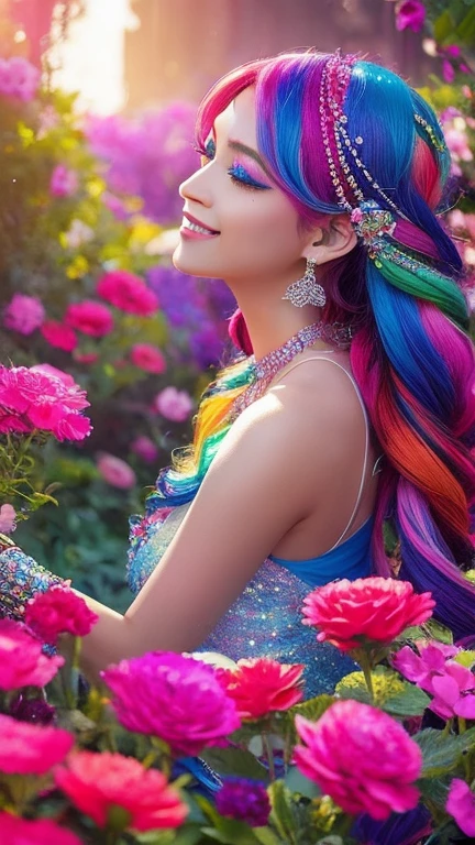 A true digital work of art, which depicts a character with bright, multicolored hair with sparkling crystal. The background is filled with colorful elements., like rainbows and flowers., creating a bizarre and fantastical atmosphere. The exciting birth of a magnificent masterpiece !!
