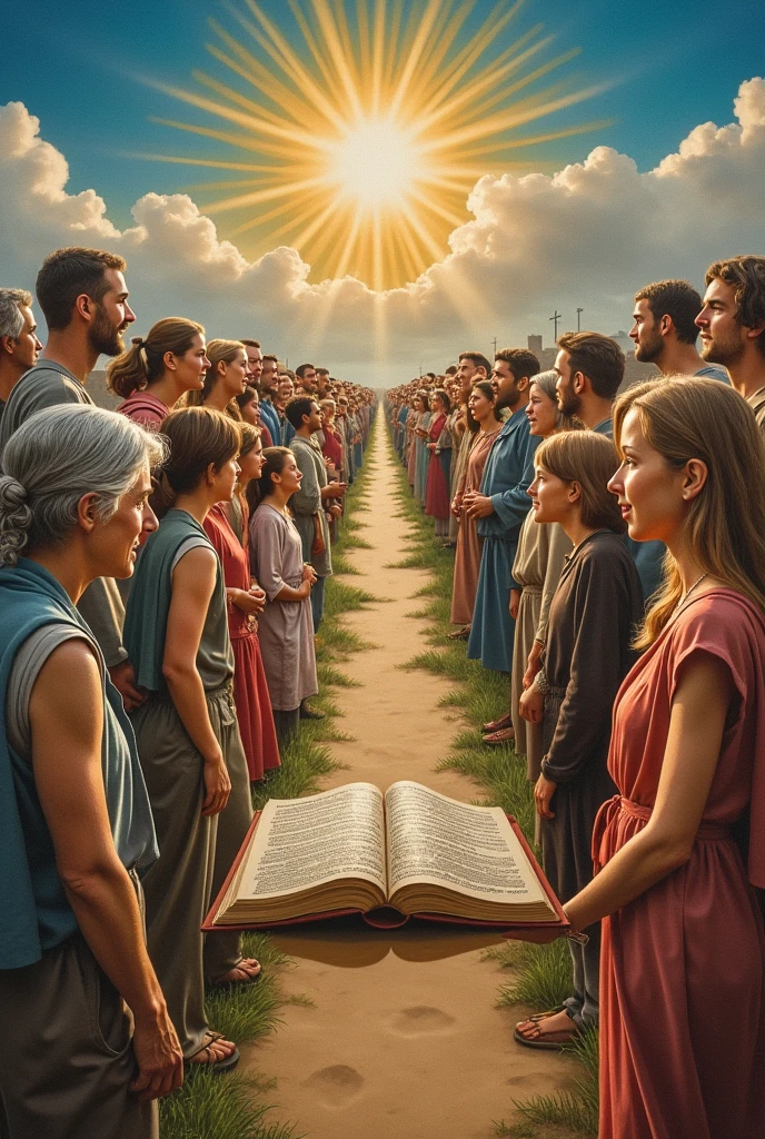 (photorealism:1.2), Personal evangelism collage showing young people, old men and women, women, children and parents, mothers and a holy bible in the middle and it is a long road and God is present that the image is animated