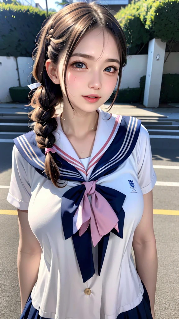 ((Highest quality)), ((masterpiece)), (detailed), (french braid blonde), ribbon, (europian girl:1.2), (Sailor suit:1.2), upper body shot, covered nipples, (Blushed:1.3), shame, Confused expression, Half-open mouth, Shiny skin、Thin eyebrows、tears, Scenery in front of the school gate, Fresh morning breeze