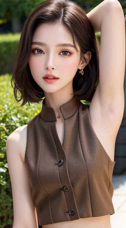 masterpiece, beautiful girl, Brown eyes、Light makeup:1.3、shortcut:1.5、Small, flat breasts:1.5、Show your armpits:1.4、No underwear:1.5、detailed, beautiful eyes, (Wearing a large vest，&#39;t fits her small breasts nude:1.6)、best quality, 超high resolution, (Reality: 1.6), original photo, A girl, Cinema Lighting, (laughter:0.6), Japanese, Asian Beauty, Korean, appropriate, really beautiful, Slightly younger face, Beautiful Skin,Brown hair、 Slim small breasts, Wearing a large vest，&#39;t suits her nude，And showing off her curves:1.6、Night scene background, (超Reality的な), (Raise your awareness), (high resolution), (8K), (非常にdetailedな), (The best Raise your awarenessns), (Beautiful and detailed eyes), (超detailedな), (wallpaper), (detailedな顔), Looking at the audience, 細かいdetailed, detailedな顔、Deep Shadows、Inconspicuous、Pure Face Ace_v1、46 points side bangs、Direct vision、I can see her small , flat chest、Brown eyes、