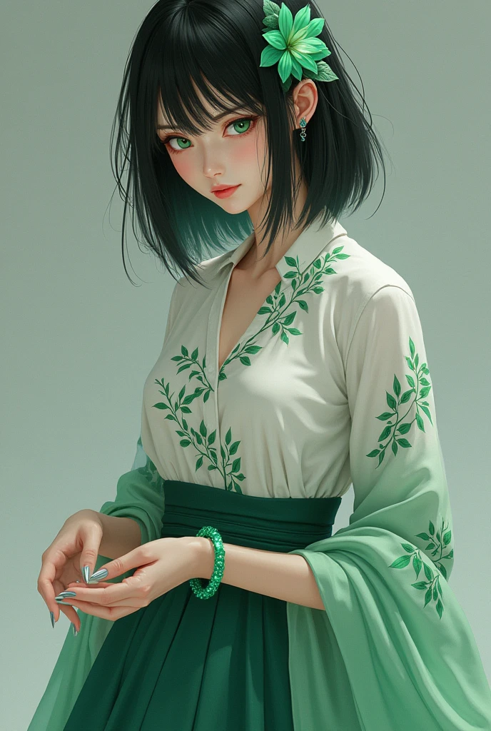 A mature woman with mint-colored droopy eyes, a white shirt with green leaves on it, shoulder-length black hair, an emerald-colored flower hair accessory, a green bracelet, and a long skirt with a wavy pattern