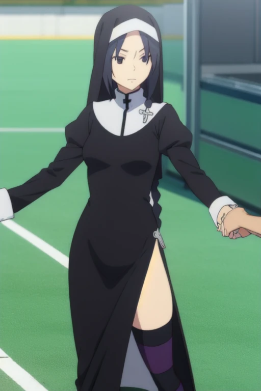 shinatsuhiko_yae, long hair, black hair, black eyes, nun, cross, striped thighhighs, long sleeves, dress, jewelry, side slit,white footwear,boots
