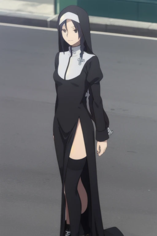 shinatsuhiko_yae, long hair, black hair, black eyes, nun, cross, striped thighhighs, long sleeves, dress, jewelry, side slit,white footwear,boots