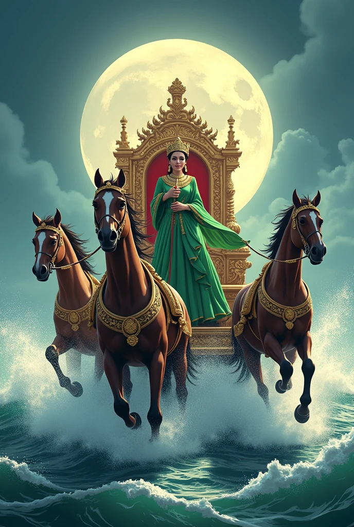 Digital drawing illustration artwork design on an T-shirt mockup. top view standing pose of a beautiful queen wearing a crown and traditional green dress.yellow scarf, Balinese royal clothing, hand holding a stick, riding a horse-drawn carriage with a throne, decorated with Balinese royal ornaments, speeding pulled by three horses running through the waves, in the middle of the ocean waves. facial details. moon background, rule of third. best image composition. centered symmetrical.