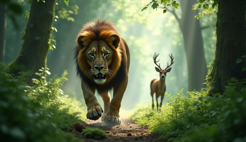 enchanting forest A large lion chasing a deer 32K UHD