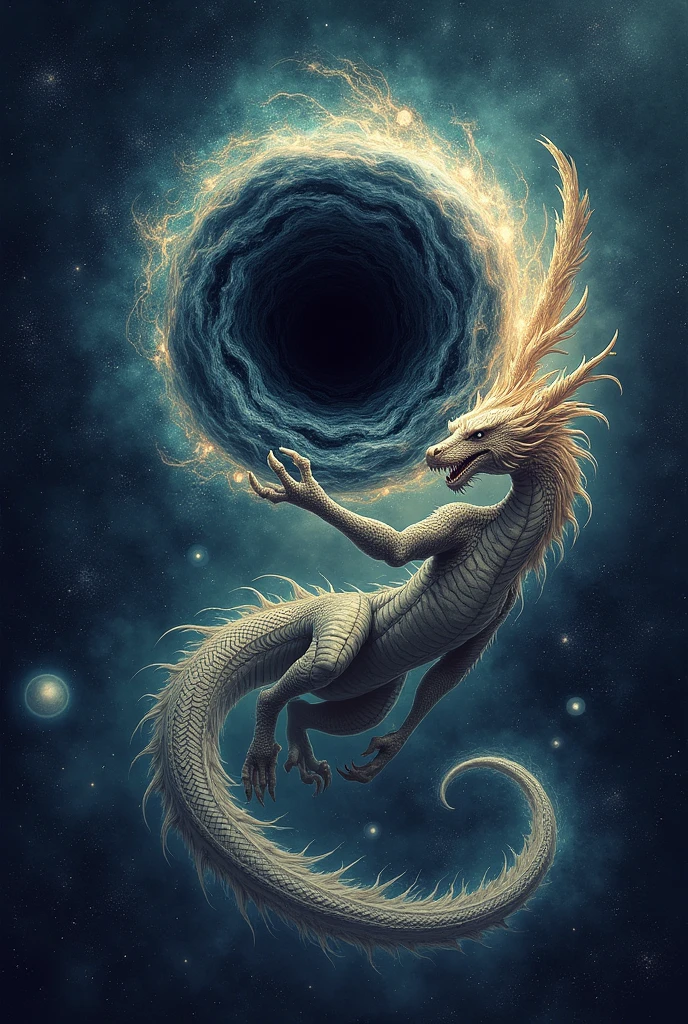 The dragon holds a black hole around the stars.