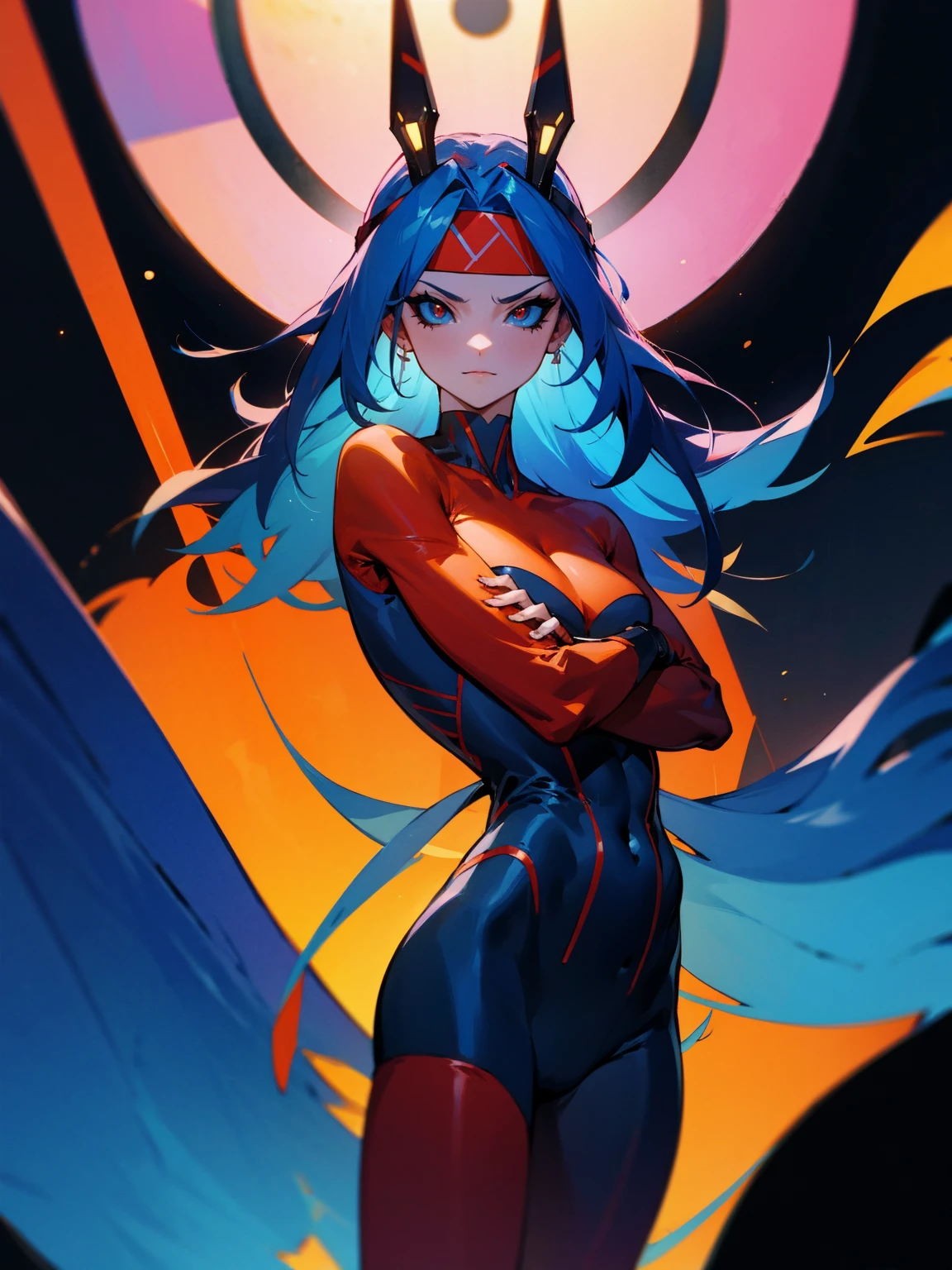 1male, red skin, antennae, black sclera. long blue hair, headband, super suit, tied to waist, oversized fur coat, serious, muscular, space ship, arms folded, facing viewer