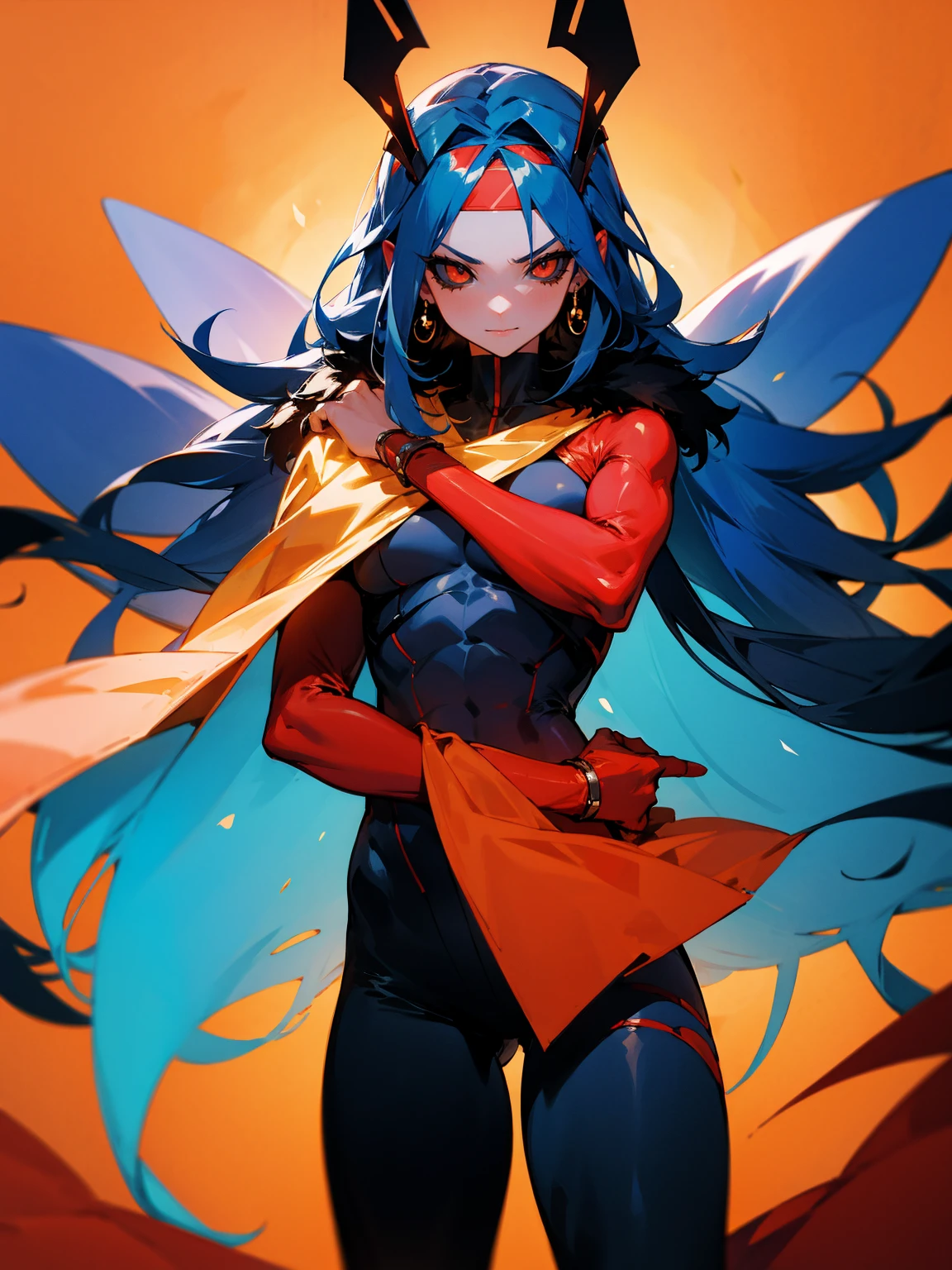 1male, red skin, antennae, black sclera. long blue hair, headband, super suit, tied to waist, oversized fur coat, serious, muscular, space ship, arms folded, facing viewer