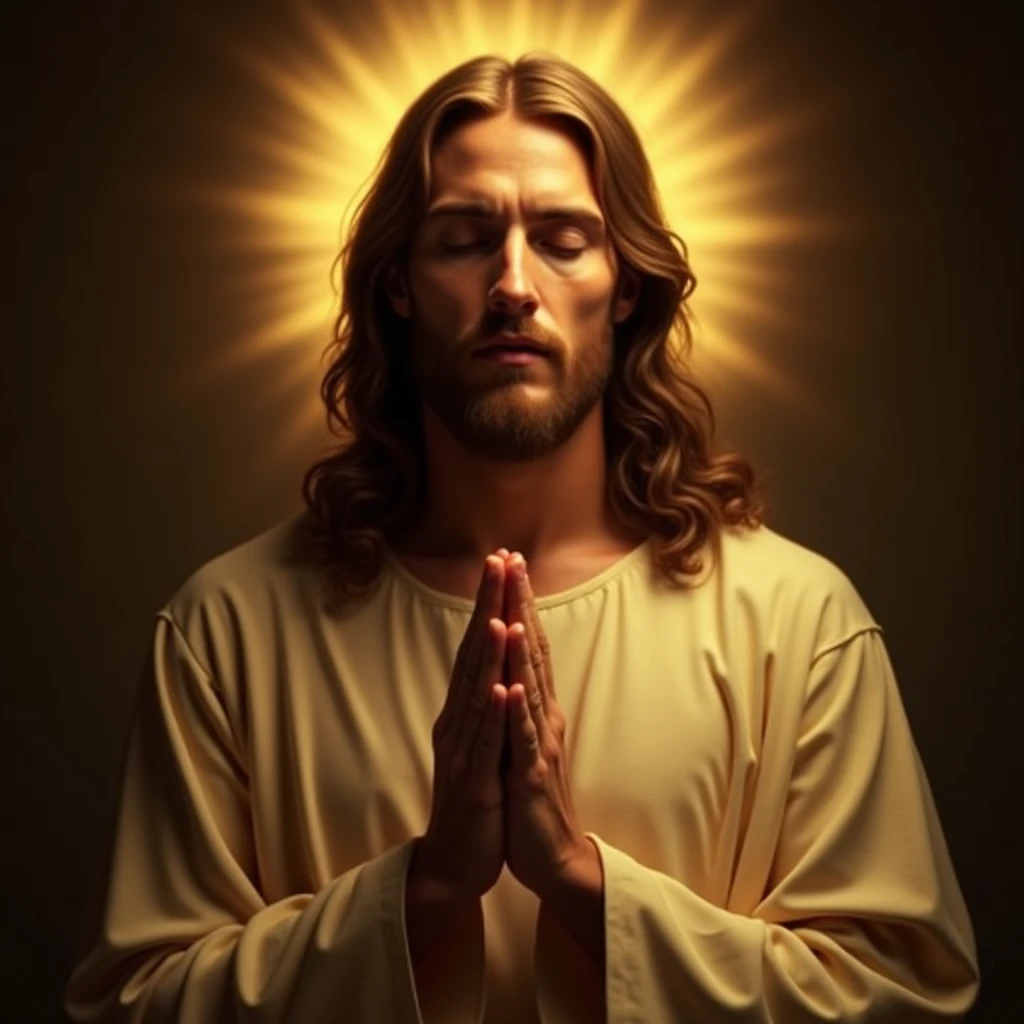 "The Holy Image of Jesus, His face was calm., Fold your hands and pray devotionally, Illuminated by golden light.Realism,full-body shot,Open your eyes slightly