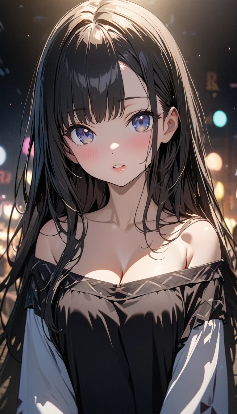 ((Highest quality)), ((masterpiece)), (detailed), Ultra HD、8k, (Cinema Lighting)、(Anime illustration)、(looking at the camera)、(front)、(Face Up)、Perfect Face、detailedな顔、detailedな目、(Long Hair、Black Hair、bangs、straight)、detailedな髪、Cute Girls、(Off-the-shoulder shirt、Gorgeous pattern)、Seductive lips、Cleavage、Fine skin、night