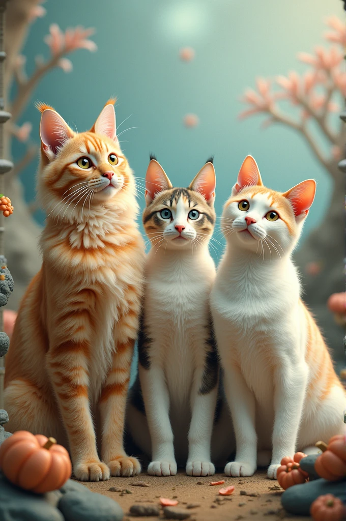 Create a surreal image of three big cats: an extreme light orange long hair persian cat, an extreme calico Persian cat (light pastel colors: cream, gray, white)with short hair; y un gato criollo color white con parches naranjas pelo mediano; with two German Shepherd dogs