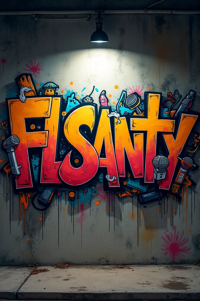 Graffiti written on wall " FLSanty " with drawings of cigarettes, microphones and rap references on the wall