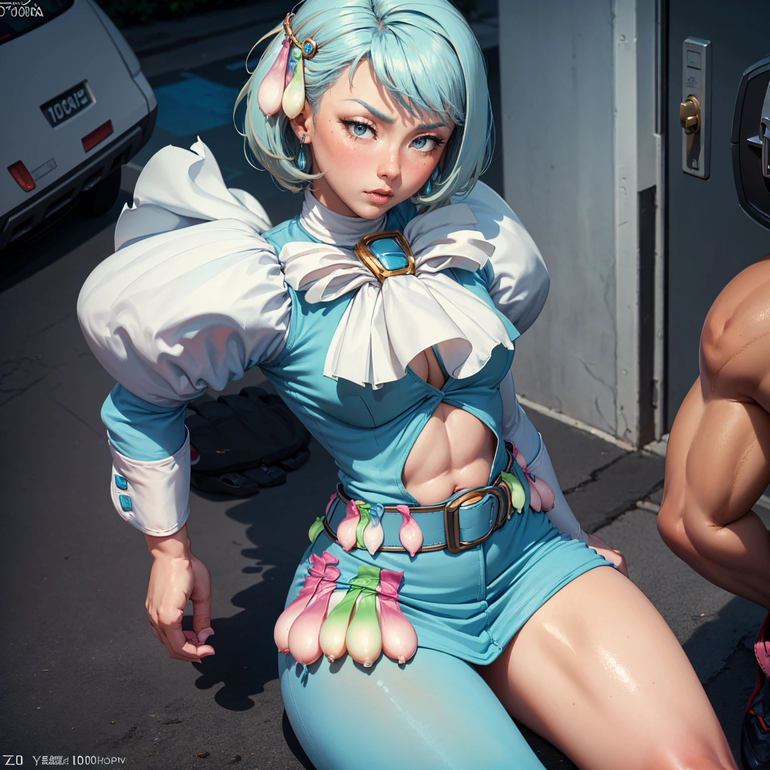8k, ray tracing, vibrant colors, (1girl, solo), (aafranziska, light blue hair:1.5), (:1.8), black ascot, puffy sleeves, pencil skirt, pantyhose, black gloves, jewelry, earrings, slim figure, masterpiece, sharp focus, Best Quality, depth of field, cinematic lighting, very detailed clothes, (used condoms, condom belt, used condom belt, condom hair ornament:1.6), abs, ((so embarrassed, blush)), elbow gloves, Perfect eyes, perfect hair, Rich in details and textures, masterpiece, Best Quality, beautiful girl, Sun light, chiaroscuro, (perfect hands:0.7, Clean hands:0.7), ((((Professional photography)))), ((Dream)), Whole body