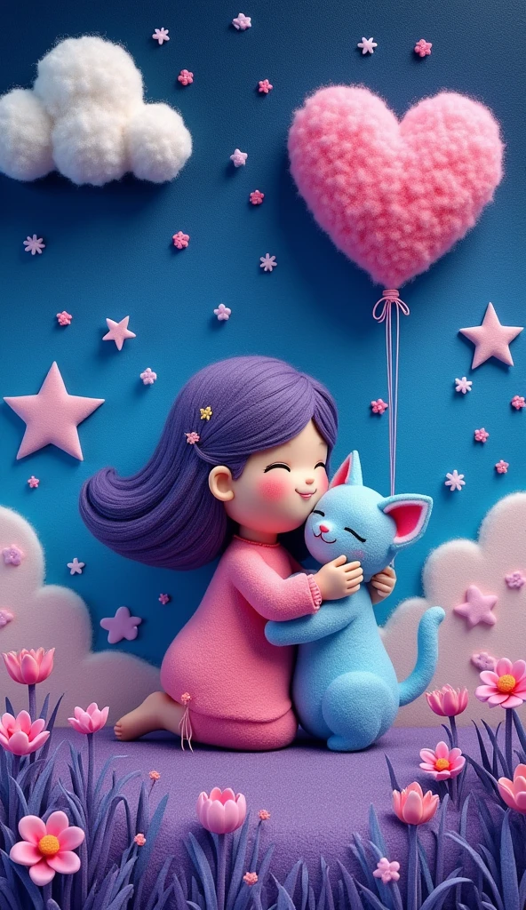 Our Felt Style,surreal space,abstract,A girl weaving with a cat is hugging each other,Fluffy love heart,fluffy clouds,star,grass,flowers,In my dream、A vivid and fun way to set the stage,blue, Purple and pink tones,bright,Art