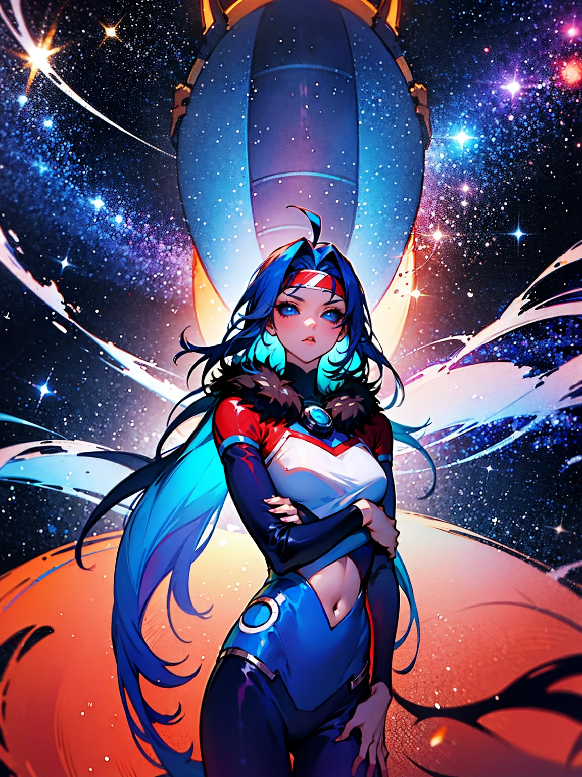 1male, red skin, antennae, long blue hair, headband, super suit, tied to waist, oversized fur coat, serious, muscular, space ship, arms folded, facing viewer